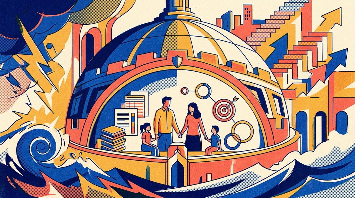 Contemporary risograph editorial illustration of imposing, fortified architectural dome shield sheltering a family sanctuary and financial foundation against storm waves and sudden external turbulence for 'Travel Insurance for Indian Students Going Abroad: A Must-Have Guide'