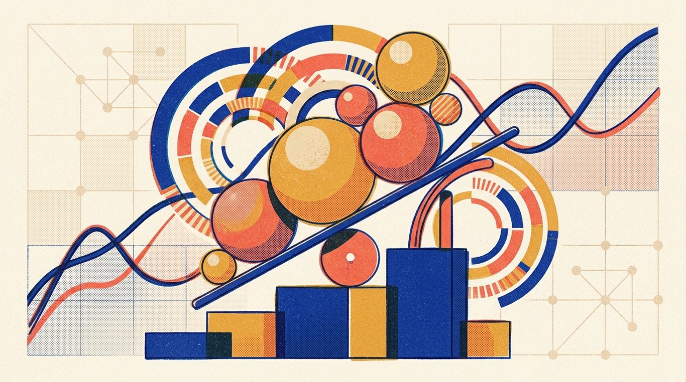 Contemporary risograph editorial illustration of balanced geometric structure of equity growth spheres and foundational debt blocks maintained in equilibrium by dynamic allocation levers for 'Understanding NAV in Mutual Funds: Why a Lower NAV Doesn't Mean 'Cheaper''