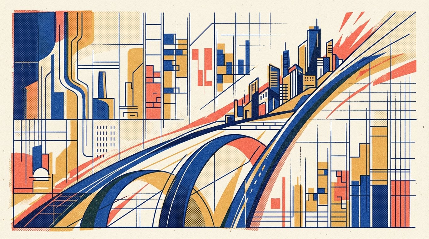 Contemporary risograph editorial illustration of ascending geometric trajectory arches and soaring enterprise silhouettes climbing alongside precision analytical drafting lines for 'Understanding ROE and ROCE: The Most Important Metrics for Wealth Creation'