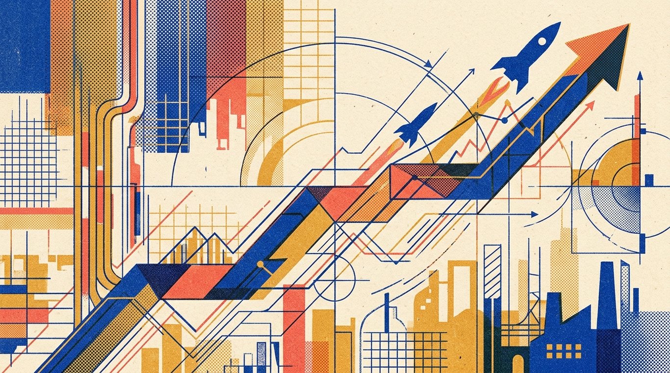 Contemporary risograph editorial illustration of ascending geometric trajectory arches and soaring enterprise silhouettes climbing alongside precision analytical drafting lines for 'Understanding Stop Loss, Limit Orders, and Market Orders'