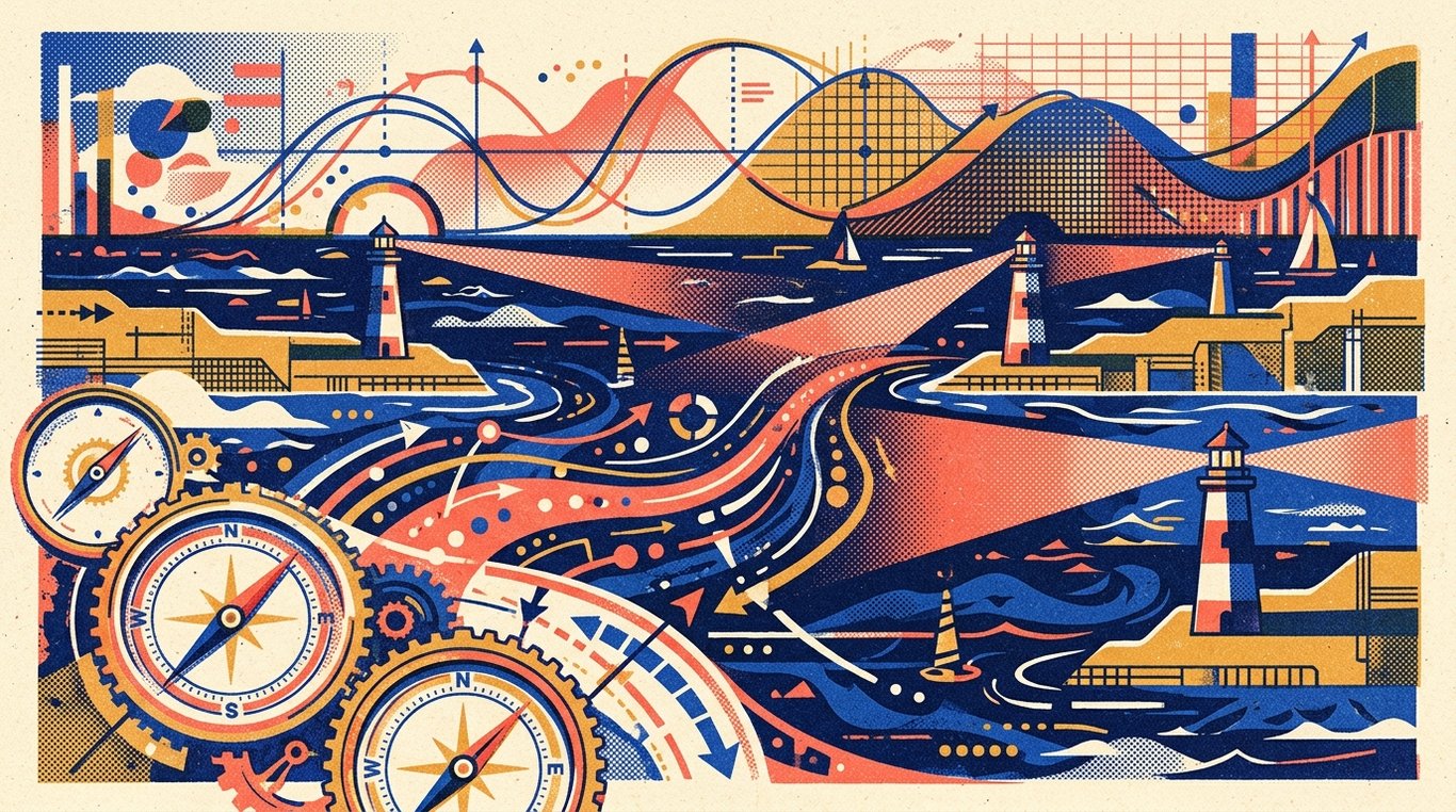 Contemporary risograph editorial illustration of intricate navigational financial map with self-calibrating compass dials and beacon lighthouses guiding capital through changing market cycles for 'Understanding T-Bills (Treasury Bills): Short-Term Parking for Cash'