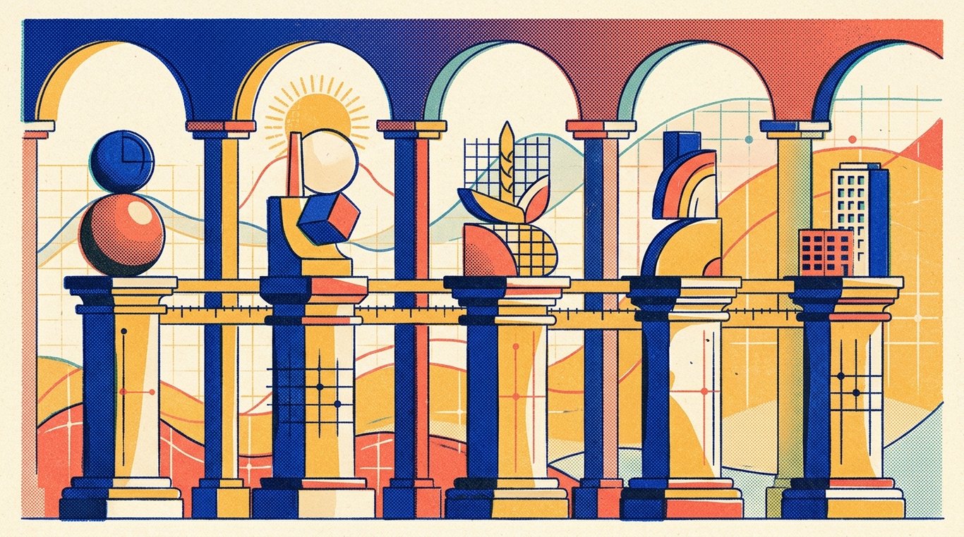 Contemporary risograph editorial illustration of harmonious architectural colonnade of balanced geometric pedestals and calibrated index rails supporting diverse enterprise sectors in equilibrium for 'Understanding Tracking Error in ETFs: Why it Matters'