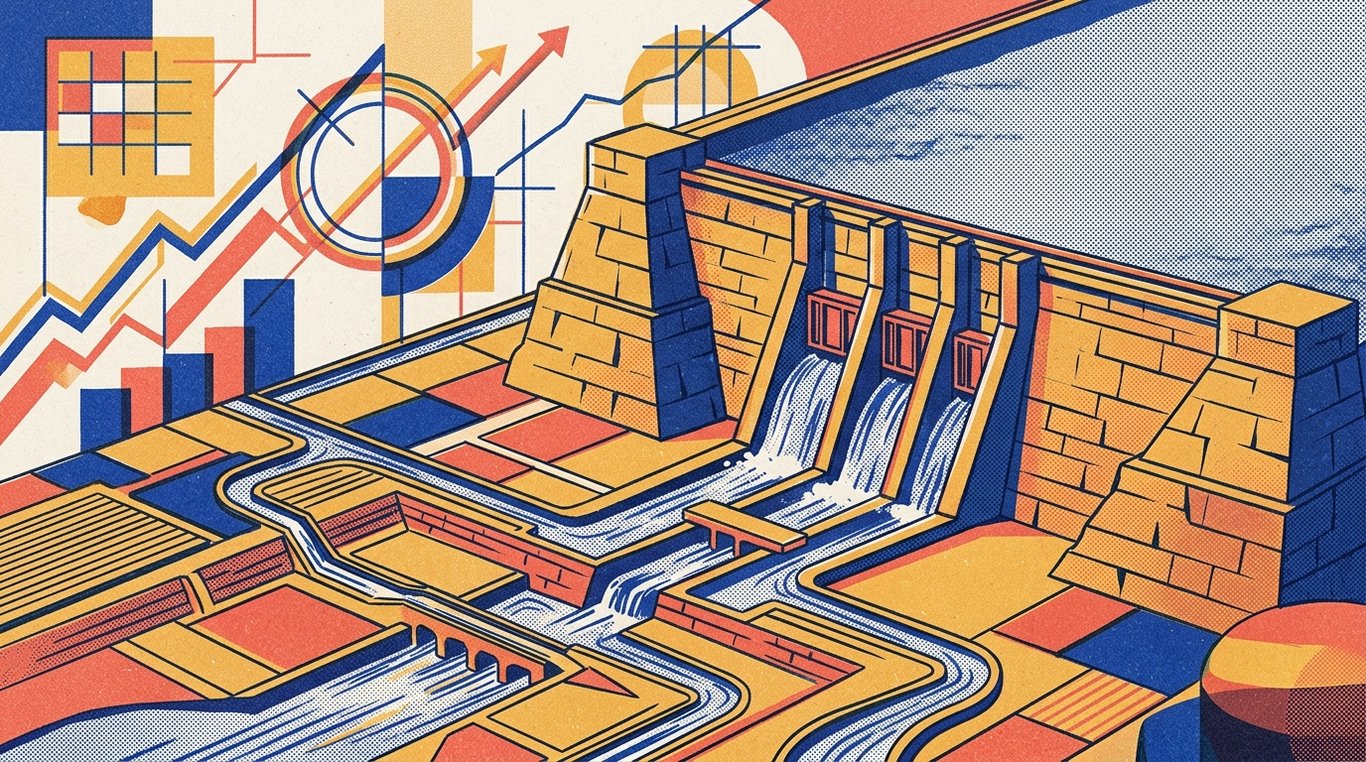 Contemporary risograph editorial illustration of monumental stone reservoir dam with calibrated sluice gates and industrial liquidity aqueducts channeling capital across fixed-income terrains for 'Using Debt Funds for Short-Term Financial Goals (1-3 Years)'