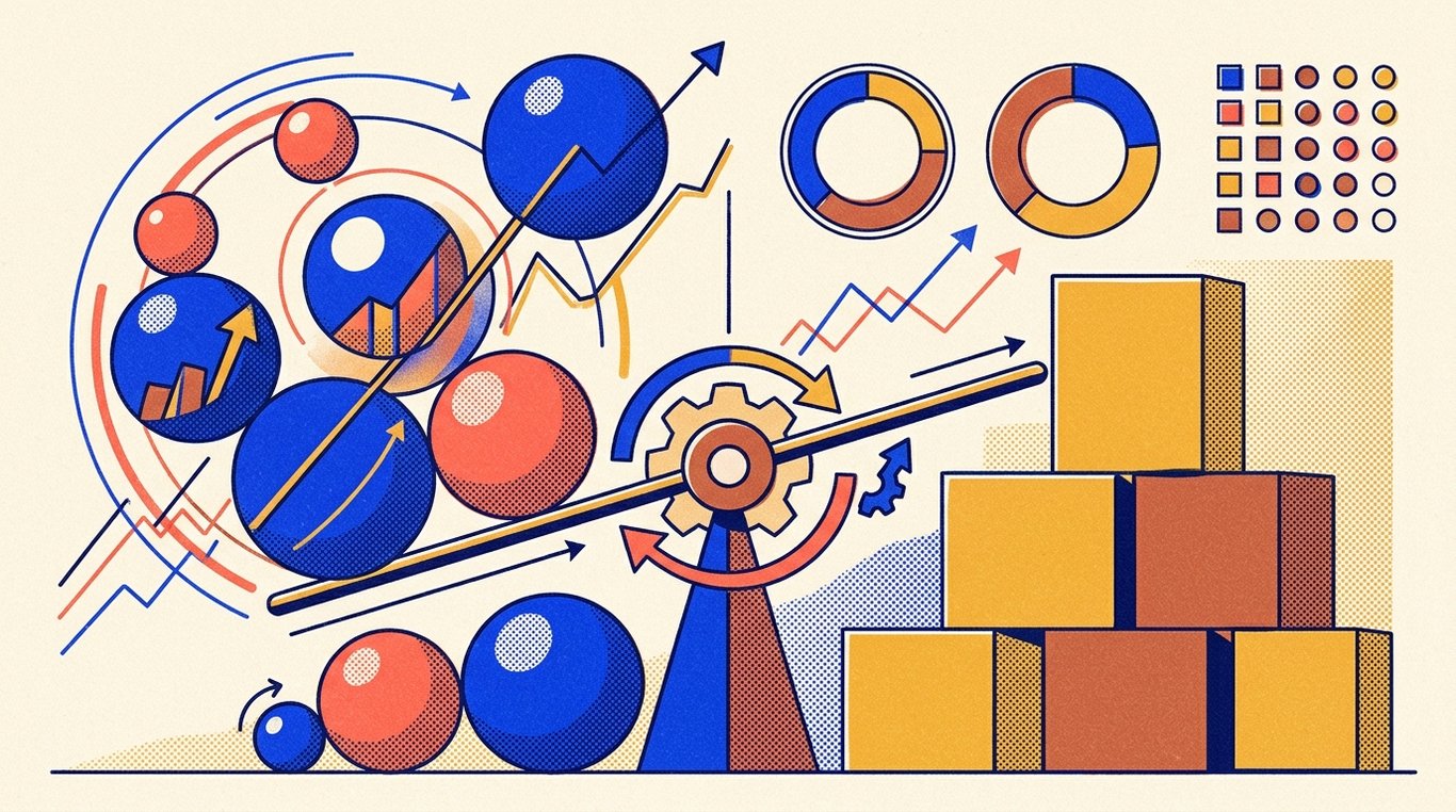 Contemporary risograph editorial illustration of balanced geometric structure of equity growth spheres and foundational debt blocks maintained in equilibrium by dynamic allocation levers for 'Value vs Growth Investing in Mutual Funds: What Works in India?'