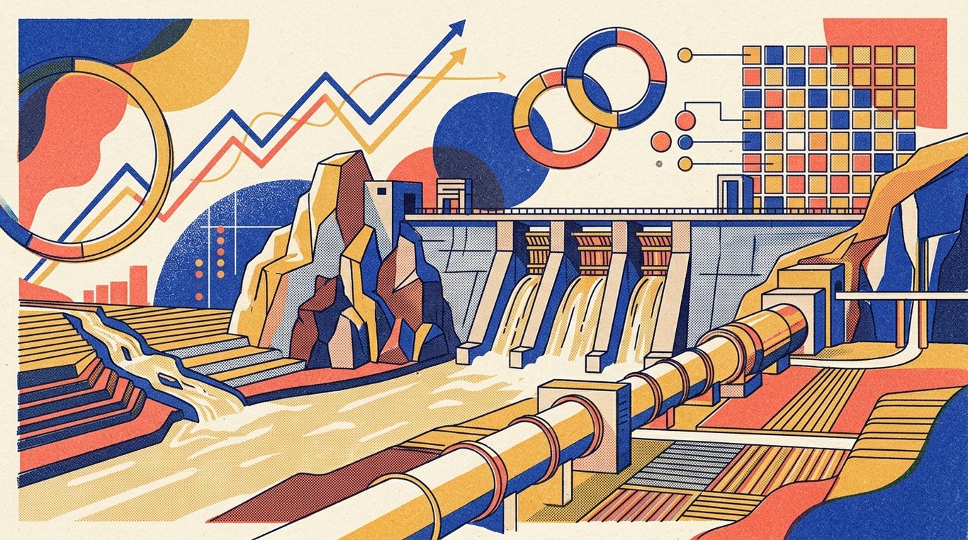 Contemporary risograph editorial illustration of monumental stone reservoir dam with calibrated sluice gates and industrial liquidity aqueducts channeling capital across fixed-income terrains for 'What are Debt Mutual Funds? A Safe Alternative to Bank FDs?'