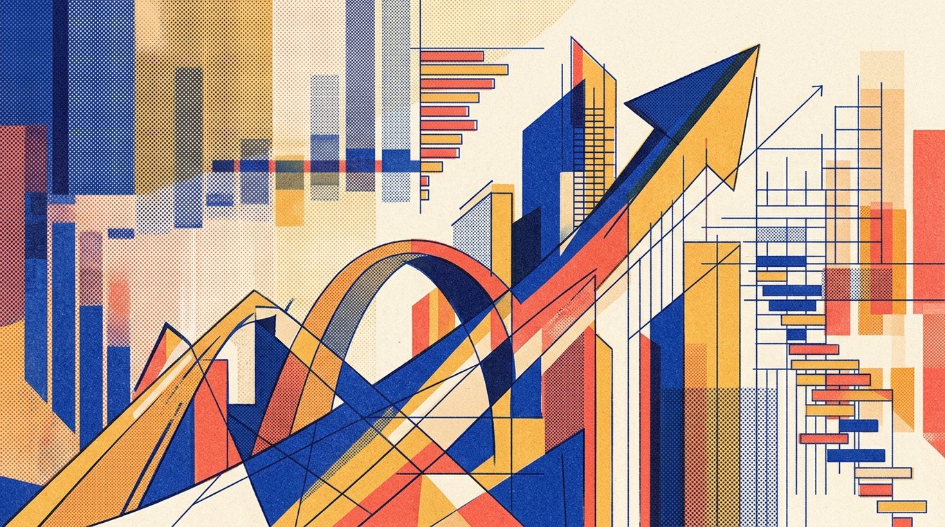 Contemporary risograph editorial illustration of ascending geometric trajectory arches and soaring enterprise silhouettes climbing alongside precision analytical drafting lines for 'What are Demat AMC Charges? How to Avoid Hidden Brokerage Fees'