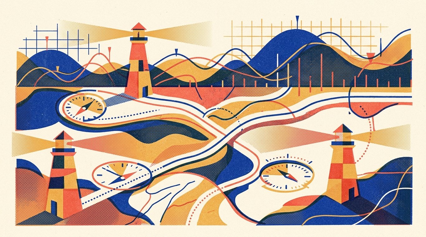 Contemporary risograph editorial illustration of intricate navigational financial map with self-calibrating compass dials and beacon lighthouses guiding capital through changing market cycles for 'What are Non-Convertible Debentures (NCDs)? High Yields vs High Risk'