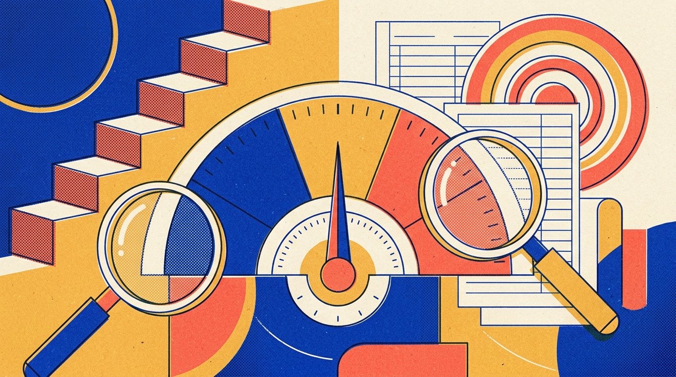 Contemporary risograph editorial illustration of stylized geometric credit score meter gauge with calibrated stability dials and clear verification magnifying instruments for 'What is a Good CIBIL Score? (And Why 750 is the Magic Number)'