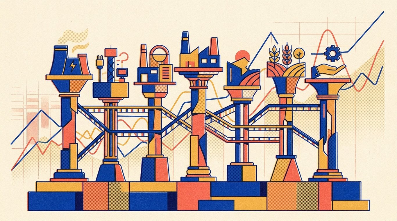 Contemporary risograph editorial illustration of harmonious architectural colonnade of balanced geometric pedestals and calibrated index rails supporting diverse enterprise sectors in equilibrium for 'What is an ETF (Exchange Traded Fund)? A Guide for Indian Investors'