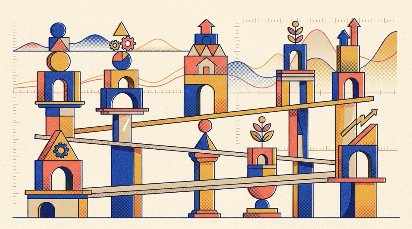 Contemporary risograph editorial illustration of harmonious architectural colonnade of balanced geometric pedestals and calibrated index rails supporting diverse enterprise sectors in equilibrium for 'What is an Index Fund? The Ultimate Guide for Passive Investors'