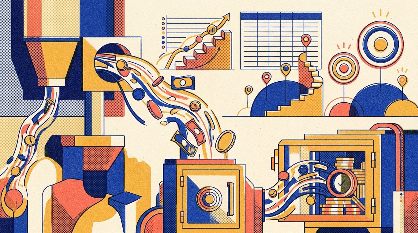 Contemporary risograph editorial illustration of structured financial workshop showing automated wealth conduits channeling income streams into fortified savings and compounding vaults for 'What is Asset Allocation? The Secret to Surviving Market Crashes'