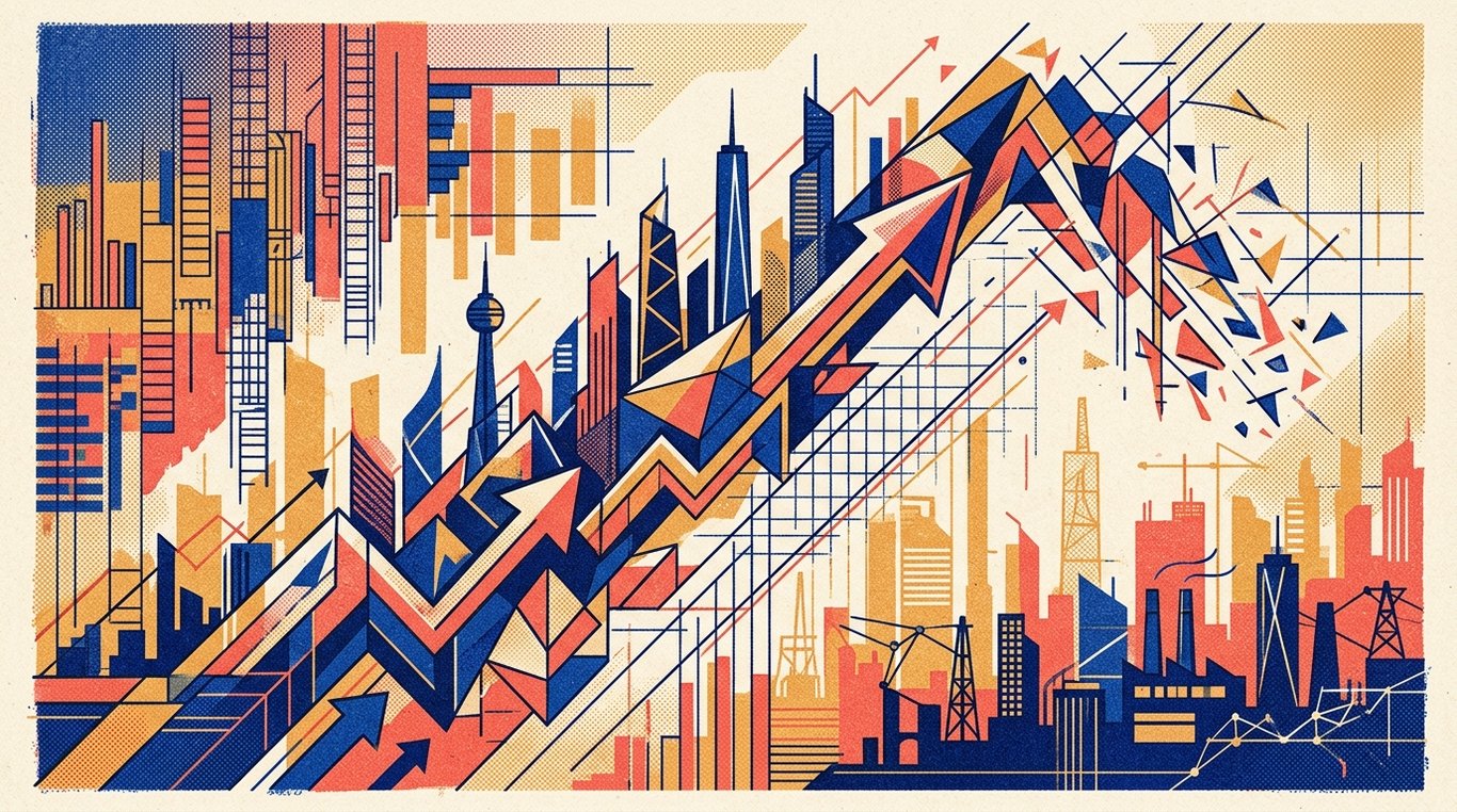 Contemporary risograph editorial illustration of ascending geometric trajectory arches and soaring enterprise silhouettes climbing alongside precision analytical drafting lines for 'What is Margin Call and How it Can Wipe Out Your Account'