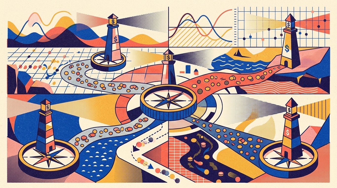 Contemporary risograph editorial illustration of intricate navigational financial map with self-calibrating compass dials and beacon lighthouses guiding capital through changing market cycles for 'What is Smart Beta Investing? An Introduction to Factor Indices'