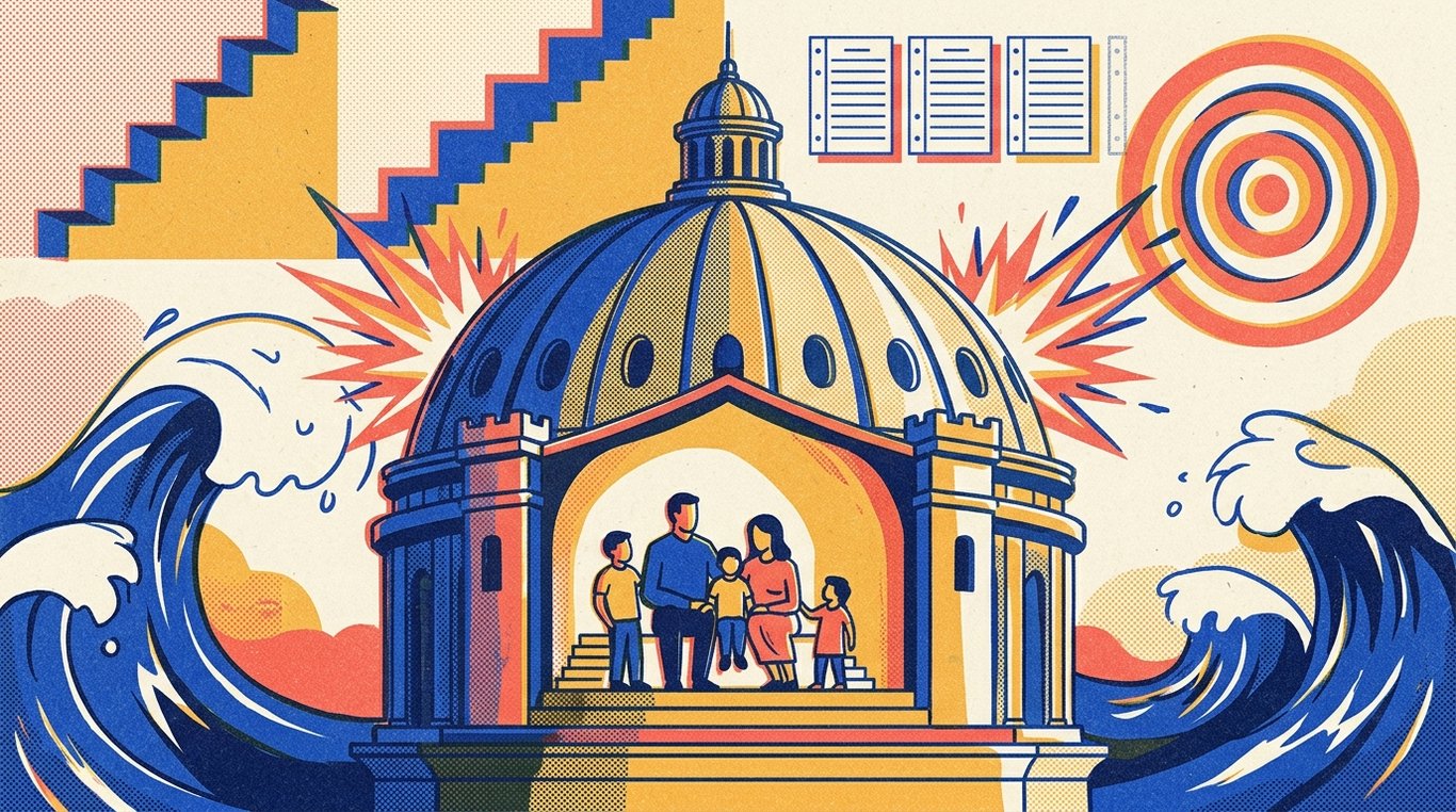Contemporary risograph editorial illustration of imposing, fortified architectural dome shield sheltering a family sanctuary and financial foundation against storm waves and sudden external turbulence for 'What Is Term Insurance? A Beginner's Guide'