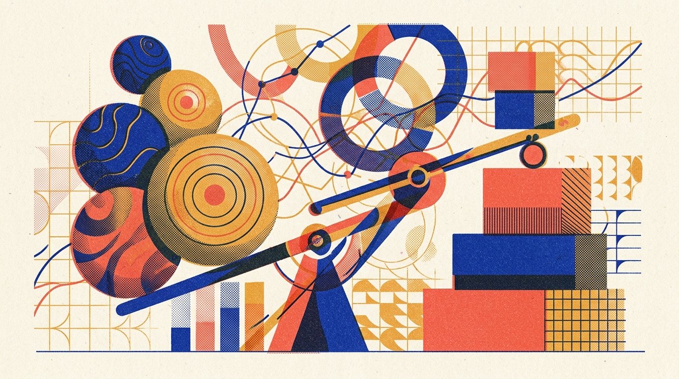 Contemporary risograph editorial illustration of balanced geometric structure of equity growth spheres and foundational debt blocks maintained in equilibrium by dynamic allocation levers for 'What Mutual Fund Ratings and Rankings Actually Measure'