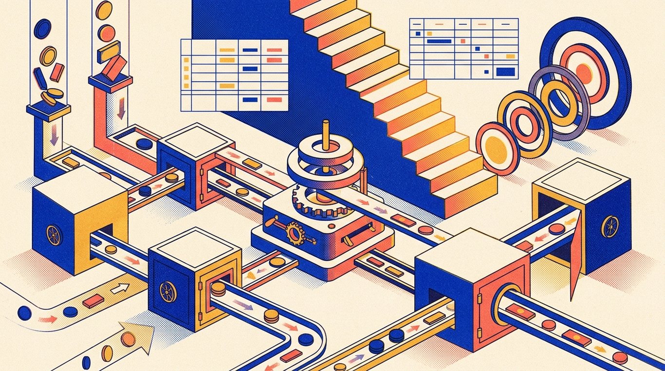 Contemporary risograph editorial illustration of structured financial workshop showing automated wealth conduits channeling income streams into fortified savings and compounding vaults for 'When and How to Rebalance Your Investment Portfolio'