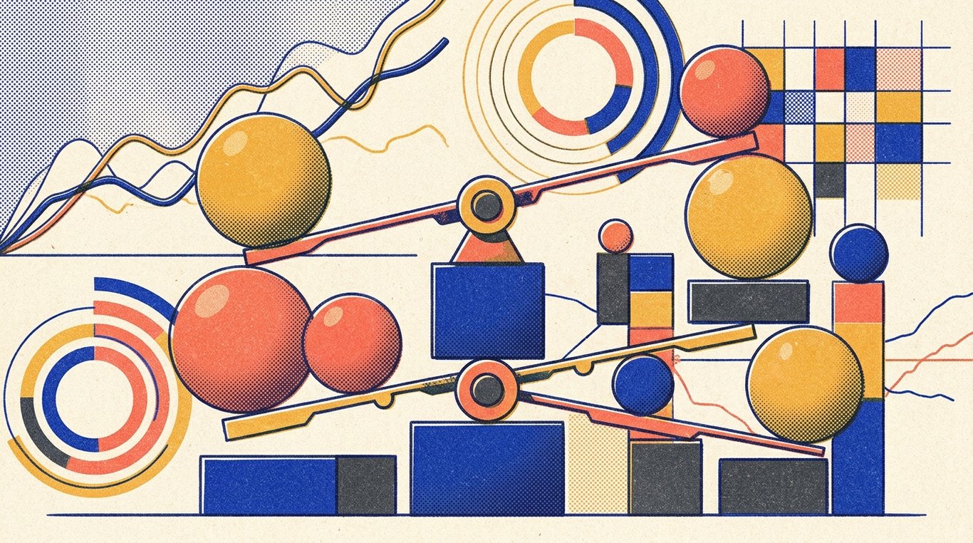 Contemporary risograph editorial illustration of balanced geometric structure of equity growth spheres and foundational debt blocks maintained in equilibrium by dynamic allocation levers for 'When Should You Sell a Mutual Fund? (And When to Hold On)'