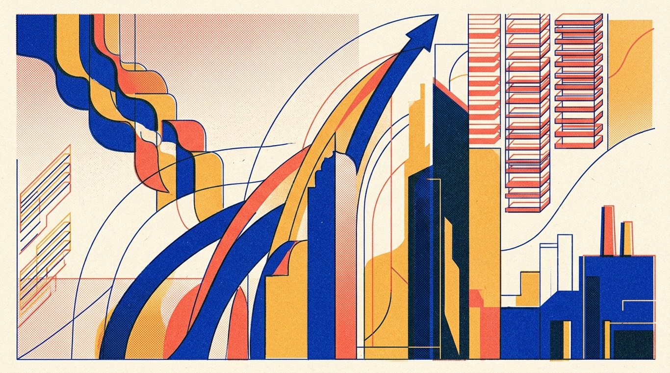 Contemporary risograph editorial illustration of ascending geometric trajectory arches and soaring enterprise silhouettes climbing alongside precision analytical drafting lines for 'Why 90% of F&O Traders Lose Money (SEBI's Wake-Up Call)'