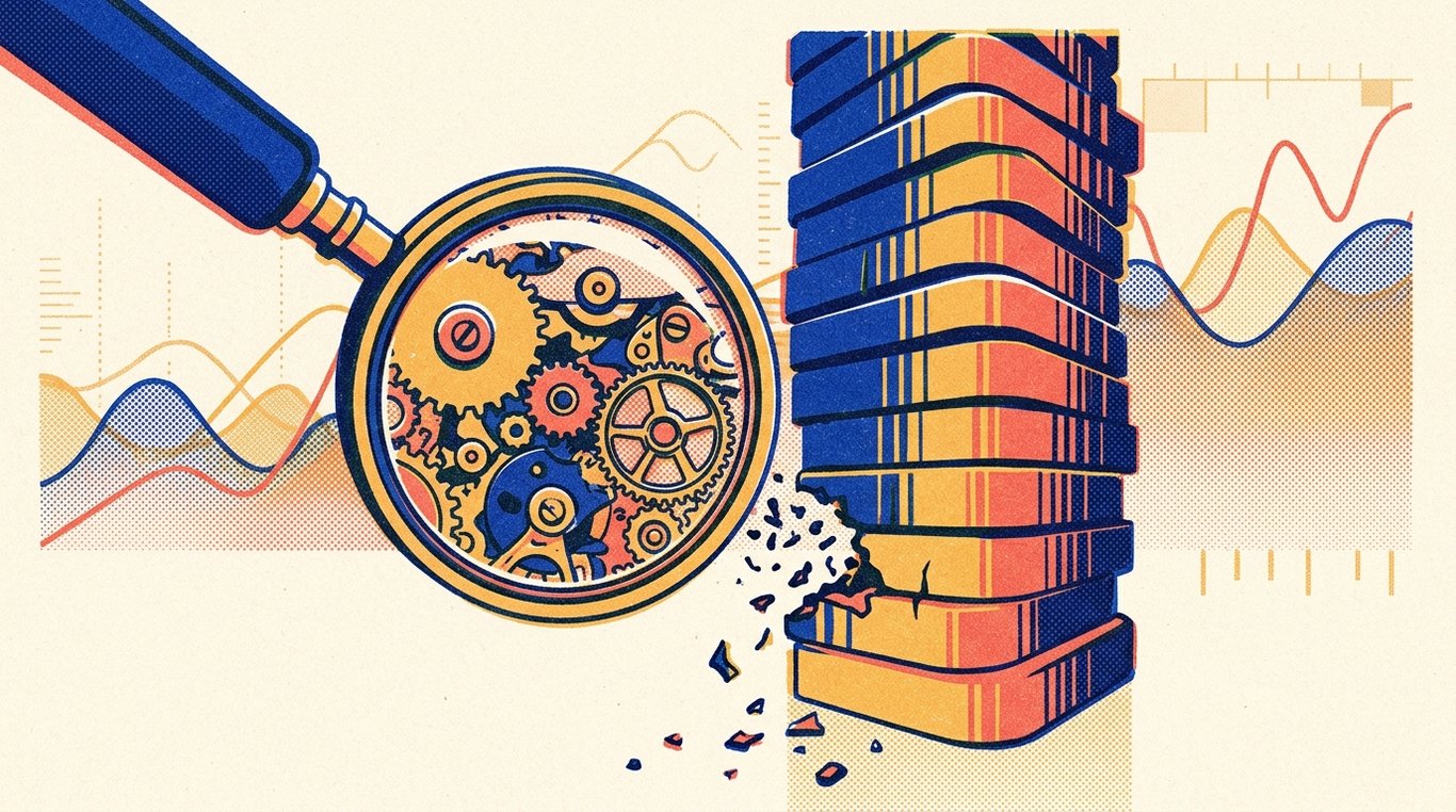 Contemporary risograph editorial illustration of magnifying glass revealing tiny, continuous friction gears and commission fee shavings slowly eroding a towering block of compounding capital over decades for 'Why Factor Funds Have Higher Expense Ratios Than Normal Index Funds'