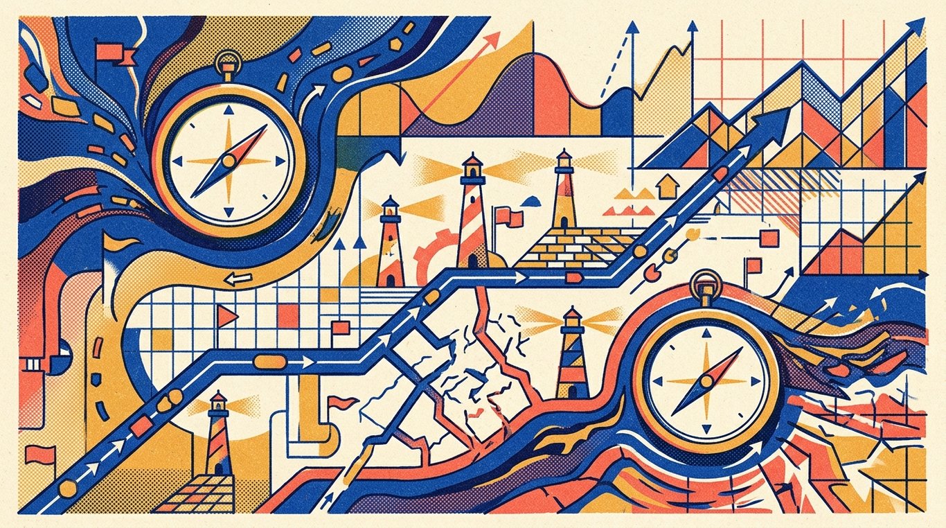 Contemporary risograph editorial illustration of intricate navigational financial map with self-calibrating compass dials and beacon lighthouses guiding capital through changing market cycles for 'Why Most Active Mutual Funds Fail to Beat the Index (And Why You Should Care)'