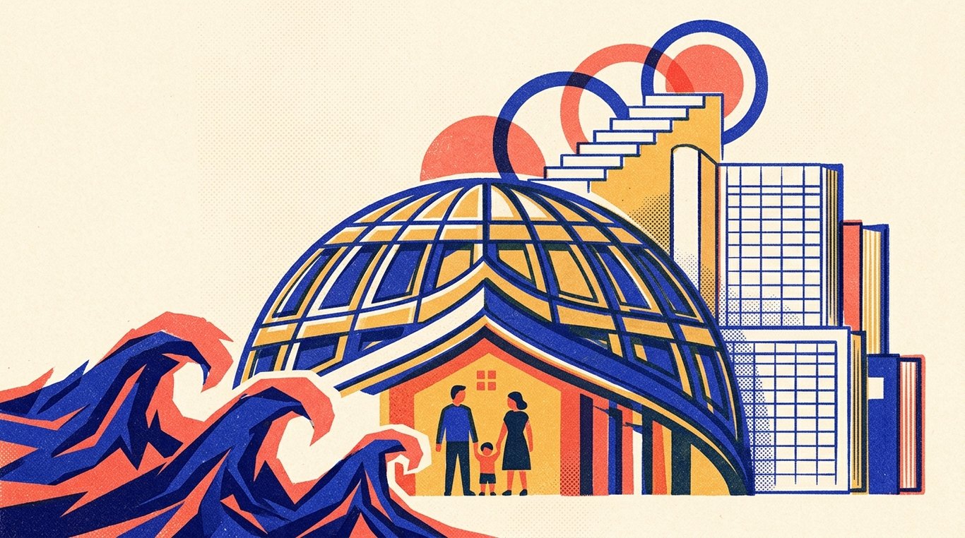 Contemporary risograph editorial illustration of imposing, fortified architectural dome shield sheltering a family sanctuary and financial foundation against storm waves and sudden external turbulence for 'Why Term Insurance is the Only Life Insurance You Really Need'