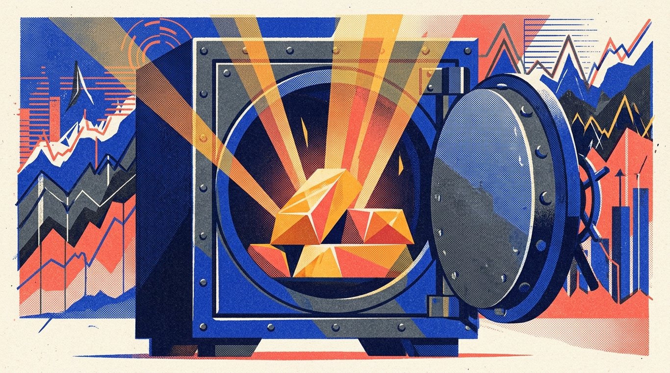 Contemporary risograph editorial illustration of polished geometric bullion bars and sovereign seal ingots resting safely inside a reinforced bank vault safe, emitting warm luminescent financial security rays for 'Why You Need Gold ETFs in Your Portfolio During a Market Crash'