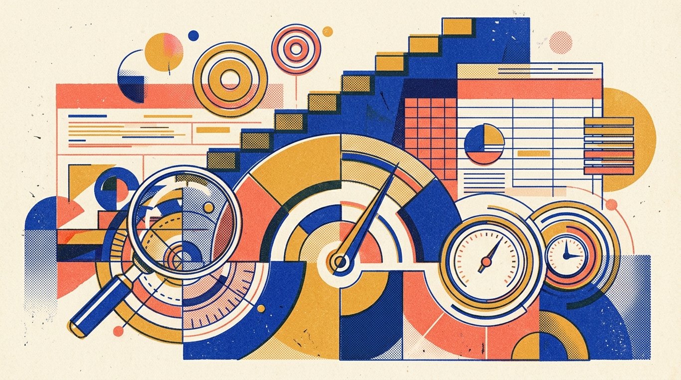 Contemporary risograph editorial illustration of stylized geometric credit score meter gauge with calibrated stability dials and clear verification magnifying instruments for 'Will Closing an Old Credit Card Hurt Your Credit Score?'