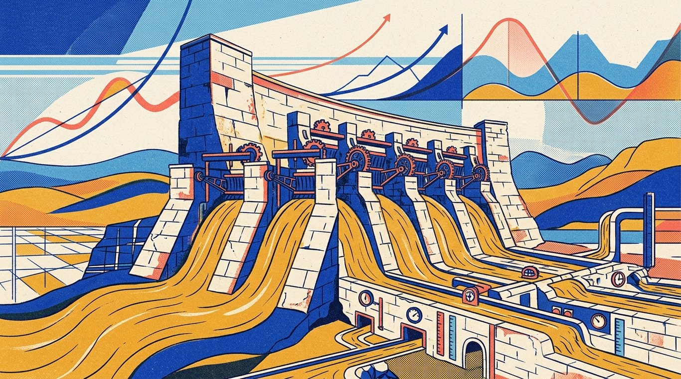 Contemporary risograph editorial illustration of monumental stone reservoir dam with calibrated sluice gates and industrial liquidity aqueducts channeling capital across fixed-income terrains for 'Yield to Maturity (YTM) Explained: How to Calculate True Bond Returns'