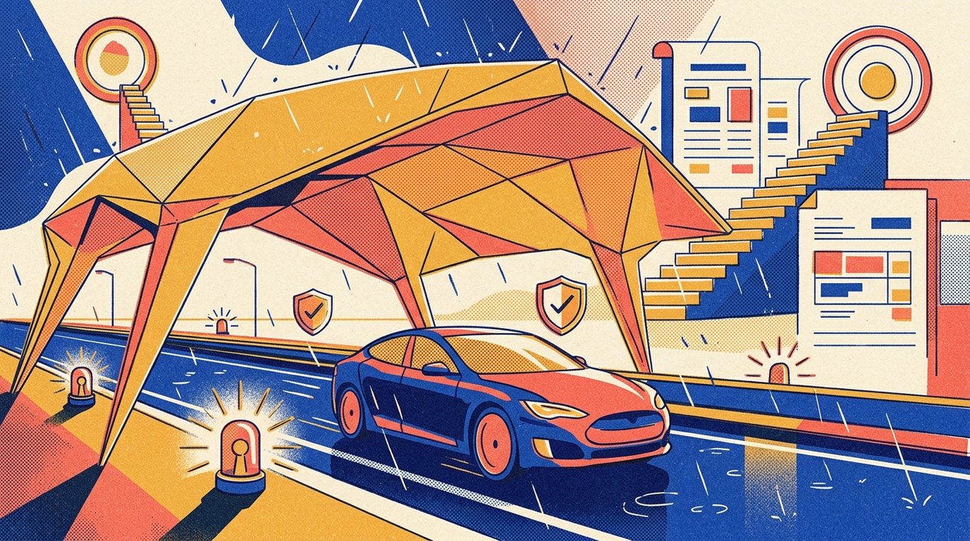 Contemporary risograph editorial illustration of stylized vehicle moving across a rain-swept highway protected beneath an expansive architectural safety shield canopy, surrounded by repair assistance beacons for 'Zero Depreciation Car Insurance: Is the Extra Premium Worth It?'