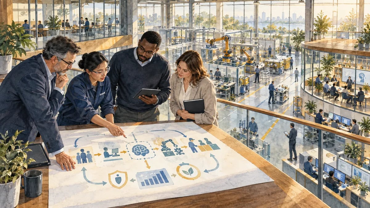 Architectural watercolor and gouache editorial illustration for AI Adoption Is a Management-System Change