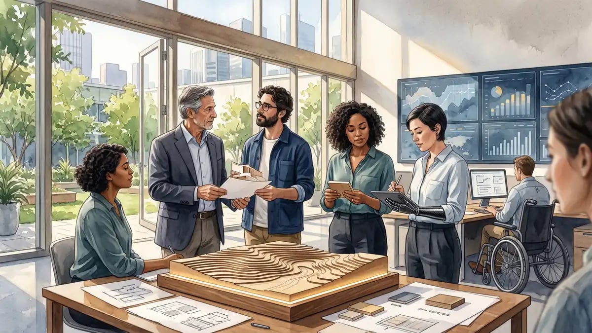 Architectural watercolor and gouache editorial illustration for 'Outcome Roadmaps Versus Feature Roadmaps: Choose the Right Promise'