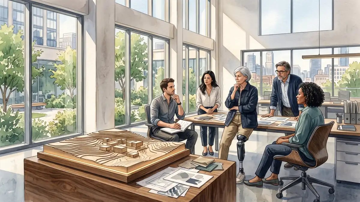 Architectural watercolor and gouache editorial illustration for When Portfolio Leaders Should Stop a Project
