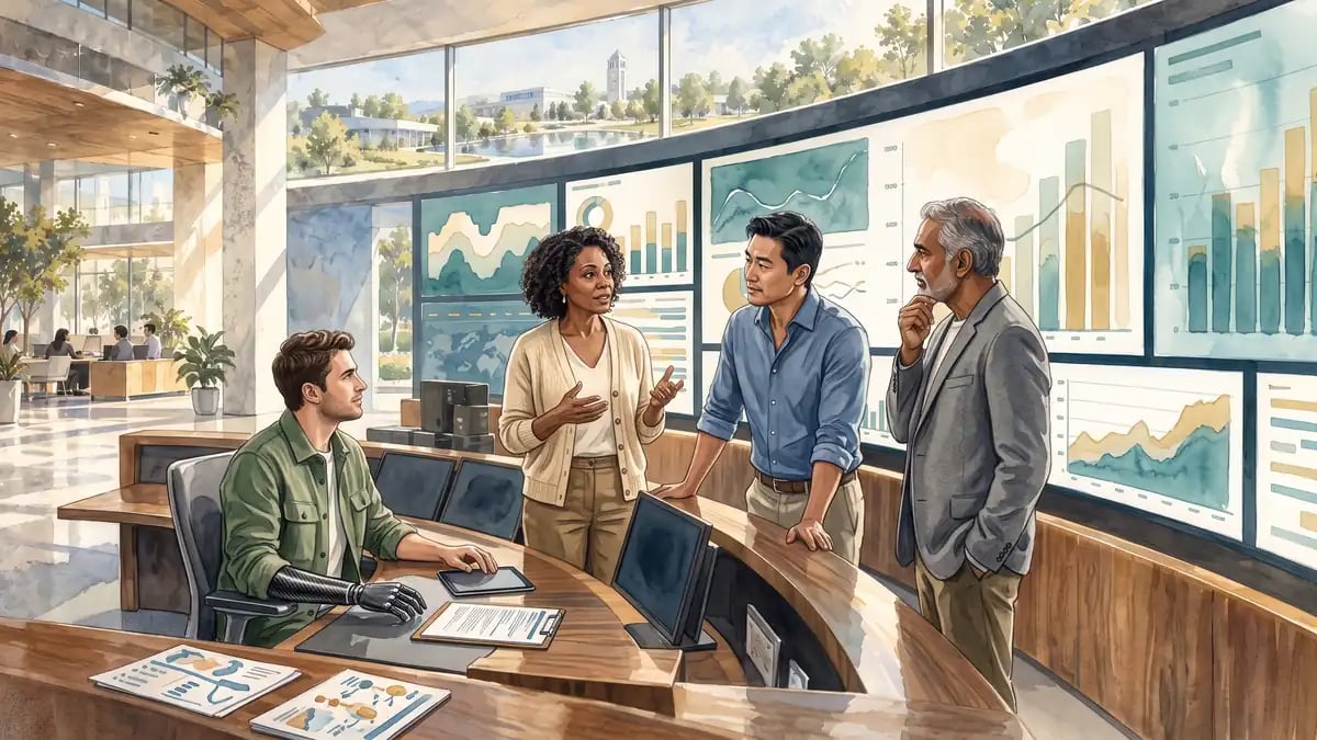 Architectural watercolor and gouache editorial illustration for Business Acumen for Delivery Leaders