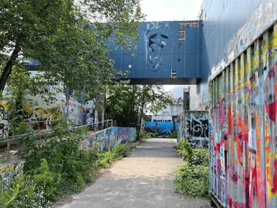Path between walls covered with graffiti at Teufelsberg, surrounded by greenery and urban remnants.
