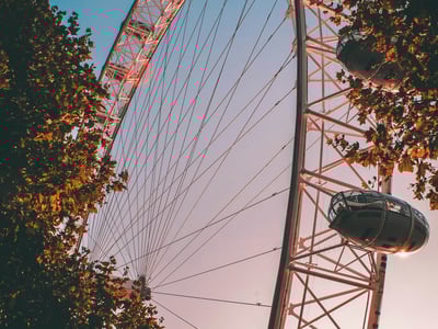 Giant wheel at South Bank, offering a panoramic view of London, embedded in a clear blue sky and surrounded by lush trees.