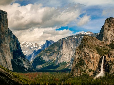 Panoramic view of the majestic mountains and lush valleys of Yosemite, under a cloudy sky.