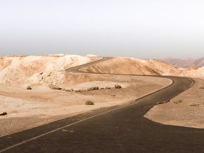 Winding road snake through the arid landscapes of Death Valley, a striking example of natural beauty.