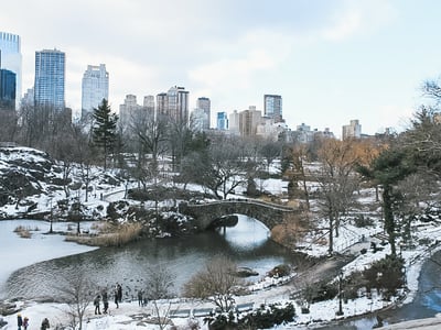 Winter landscape of Central Park with an arch bridge and buildings in the background, highlighting the natural beauty of the city.