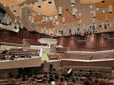 Empty concert hall at the Berlin Philharmonie, featuring a modern decor and impressive acoustic installations.