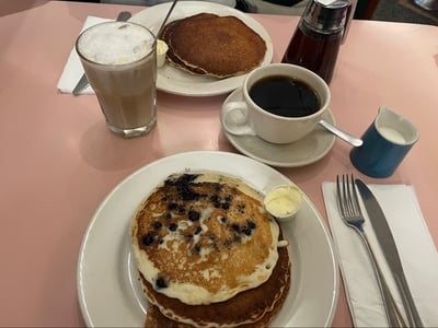 Breakfasts at the Lexington Candy Shop: fluffy pancakes with syrup, black coffee, and a milk drink, New York pleasure.