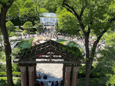 Panoramic view of the entrance to the New York Zoo, with visitors surrounded by greenery and animals in their habitat.