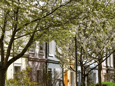 Colville Terrace, with flowering trees surrounding colorful houses, evokes urban spring charm.