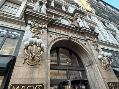 Entrance adorned with the Macy's store in New York, showcasing its iconic architecture and historical details.