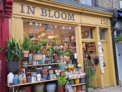 Devanture vibrante de la boutique "In Bloom" sur Columbia Road, remplie de pots colorés et de plantes diverses.