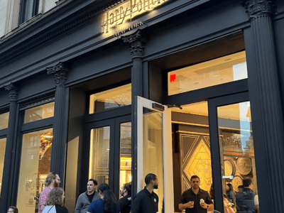 Entrance to the Harry Potter store in New York with visitors queuing to discover magical items.