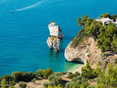 Côte de Mattinata avec des formations rocheuses blanches émergeant des eaux turquoise claires, entourées de végétation.