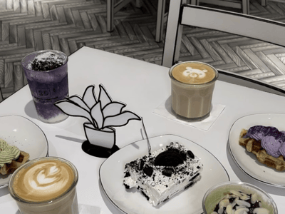 Cafés and sweets at the 2D Café Always Together, with creative drinks and colorful desserts on a bright table.