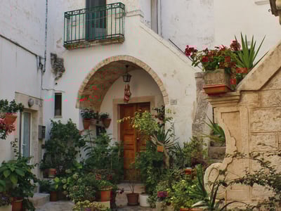 White facade of a house in Locorotondo with many plants in front.