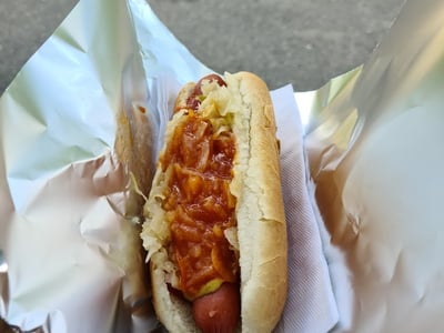 Frankfurter dog at Billy’s Hot Dog Cart, topped with sauerkraut and sauce, ready to be savored in a relaxed atmosphere.