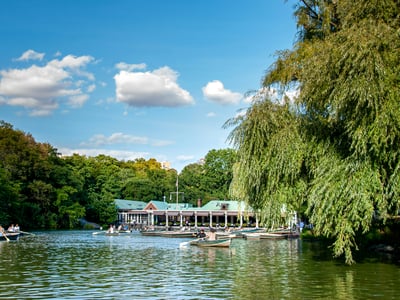 Bateaux profitant d'une journée ensoleillée sur le lac de Central Park, entouré de verdure luxuriante et d'un ciel bleu.